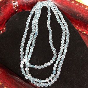 Teal blue flat glass beads necklace 30” long